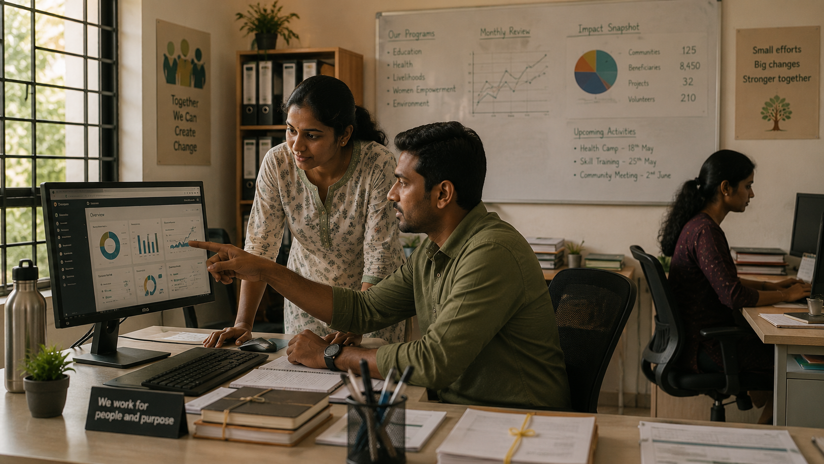 NGO staff collaborating at their office — NGOHub helps teams across India run their organisations more efficiently
